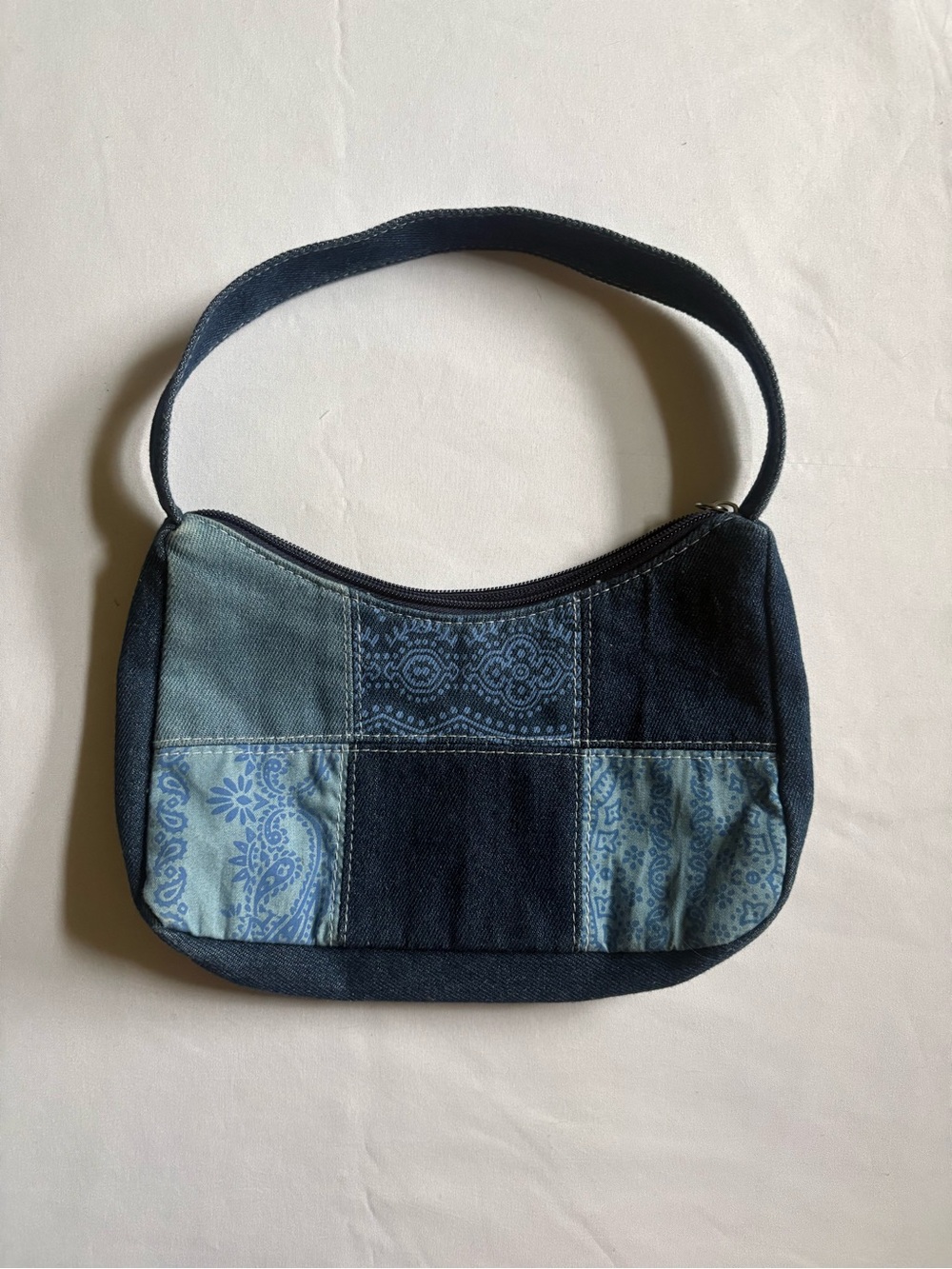 Denim Patchwork Shoulder Bag in Blue